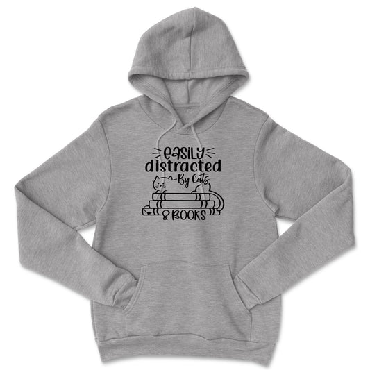 Easily Distracted by Cats and Books Sweatshirt Unisex Bookish Reading Hoodie